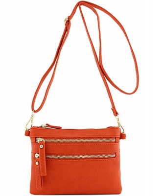 Multi-Pocket Zip Crossbody Bag with Small Wrist Strap WU001 BURNT ORANGE